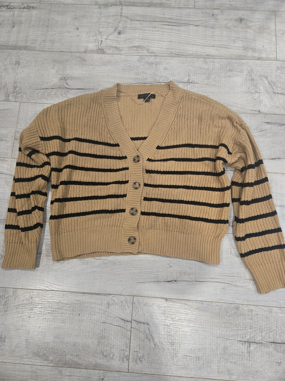 Striped V-Neck Cropped Cardigan Sweater - Camel/Black